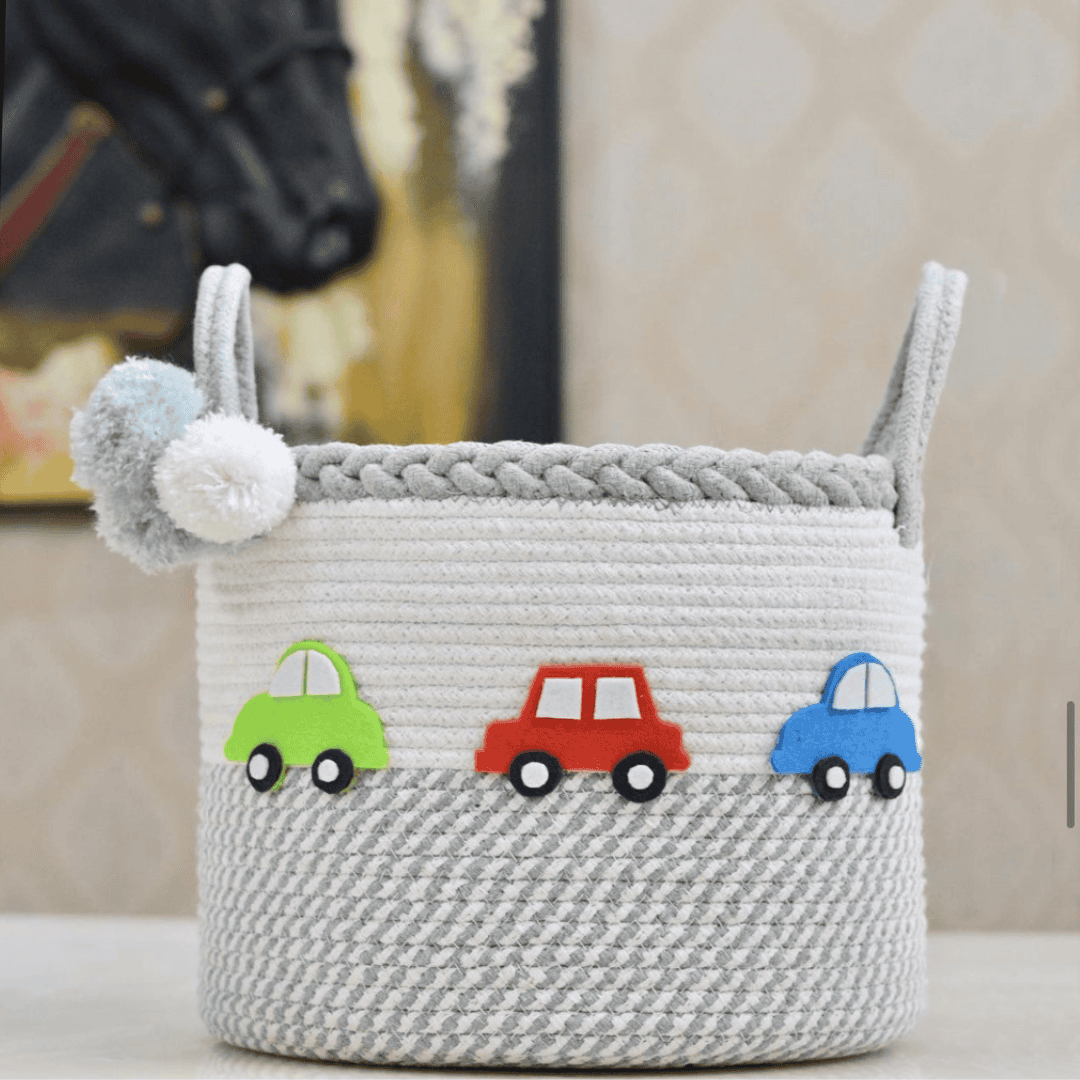 Toy Car White Grey Personalised Cotton Storage Basket